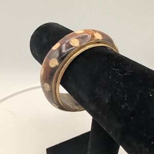 Vintage Brass Bangle Bracelet Inlaid Batik Bone Polka Dot Boho Ethnic 7.5